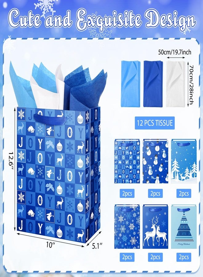 Pascliyna 12 Large Christmas Gift Bags with 12 Tissue Paper, Bulk Winter Holiday Blue Gift Bags with Handles, 6 Styles Xmas Paper Treat Bags for Christmas Winter Holiday Presents Party Favors, 5.1x10x12.6 Inch - Image 2